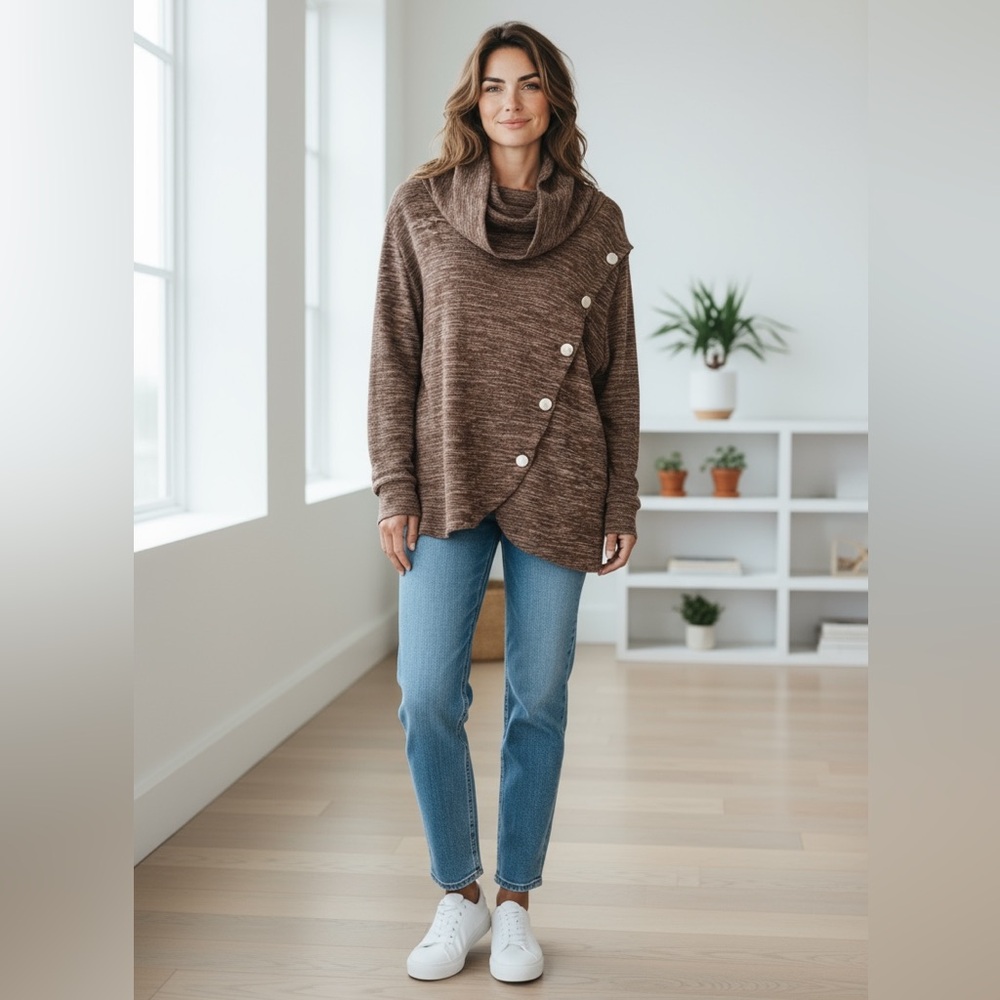 New NY Collection Cowl Neck Sweater Women’s XL Brown Button Accents